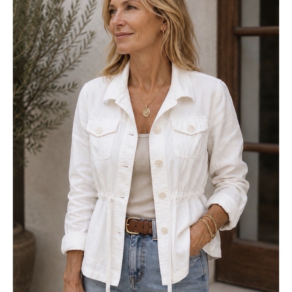 TALBOTS White Linen Shirt Jacket $159 Sz Small Petite Lightweight Coastal Beach